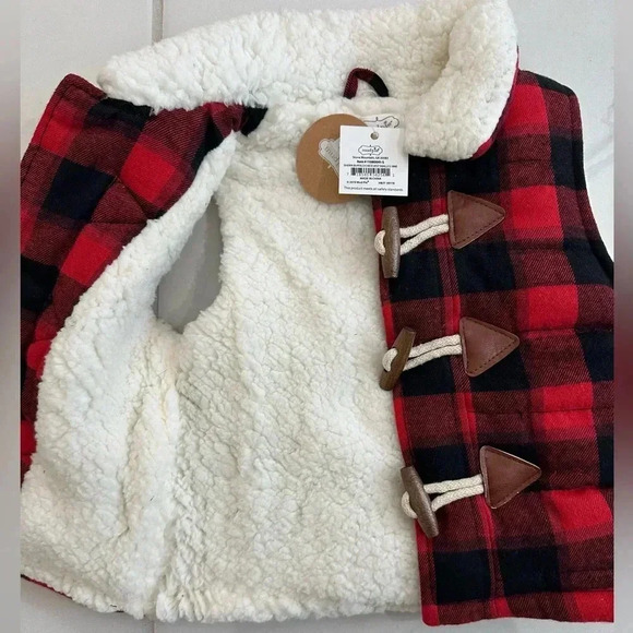 NWT Kids/Toddler Mud Pie Plaid Vest Sherpa Lined 12/18 Month Red/black - Picture 2 of 6